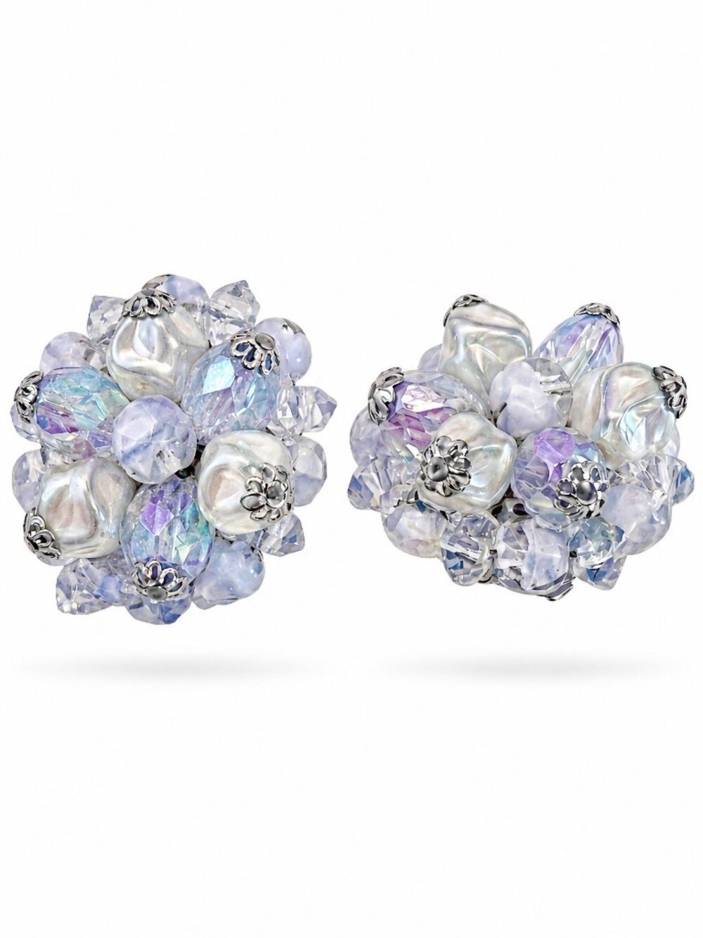 West Germany Blue Crystal Cluster Clip On Earrings Vintage Aurora Borealis 1.5"